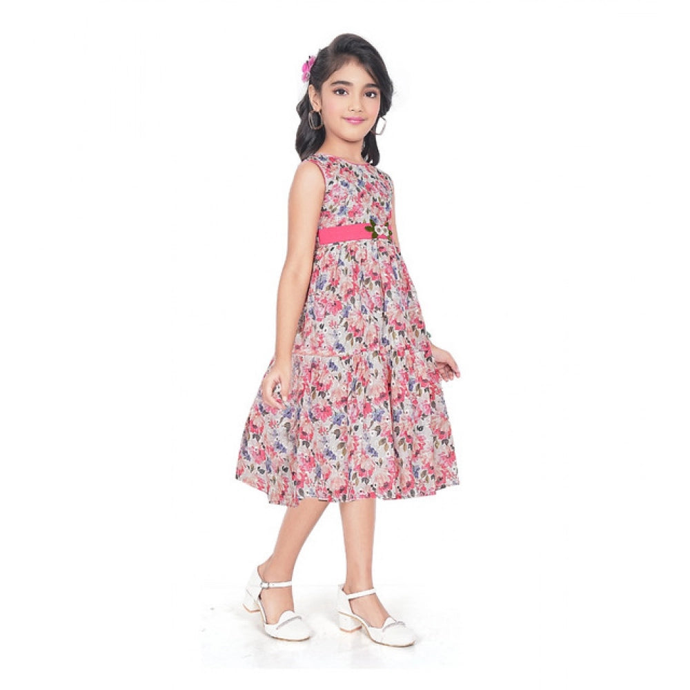 Girl's Digital Chicken Printed Sleeve Less Round Neck Dress (Pink)