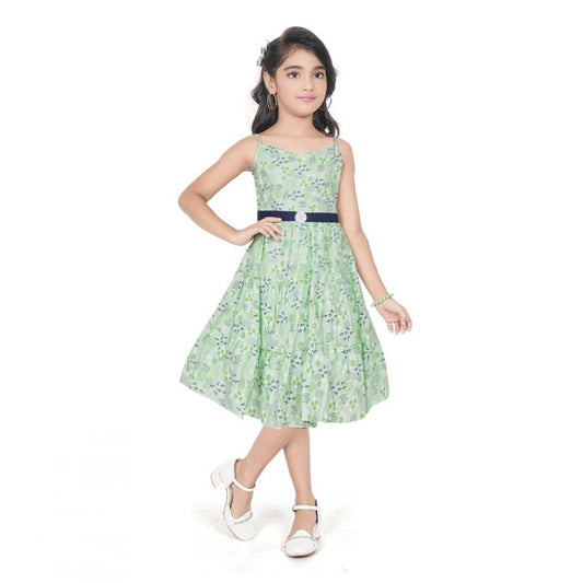 Girl's Cotton Slub Printed Sleeve Less Round Neck Dress (Sea Green)