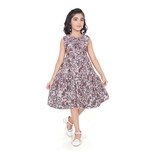 Girl's Digital Slub Printed Sleeve Less Round Neck Dress (Brown)