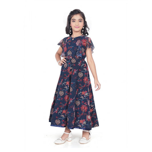 Girl's Shiffon Printed Short Sleeve Round Neck Dress (Blue)
