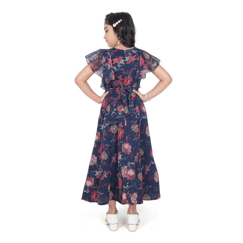 Girl's Shiffon Printed Short Sleeve Round Neck Dress (Blue)