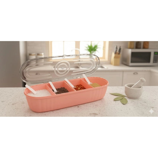 Plastic 4 Grid Design Made In India Container with Spoon (Multicolor)