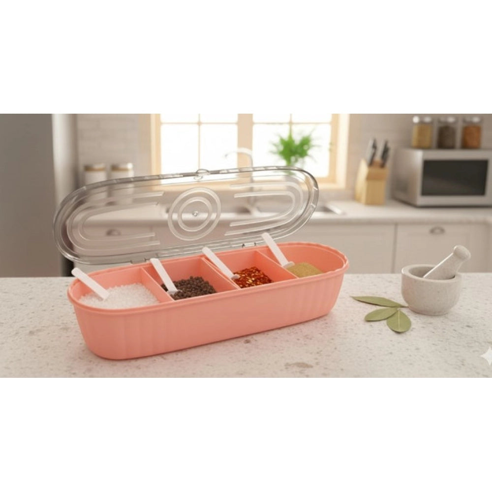 Plastic 4 Grid Design Made In India Container with Spoon (Multicolor)