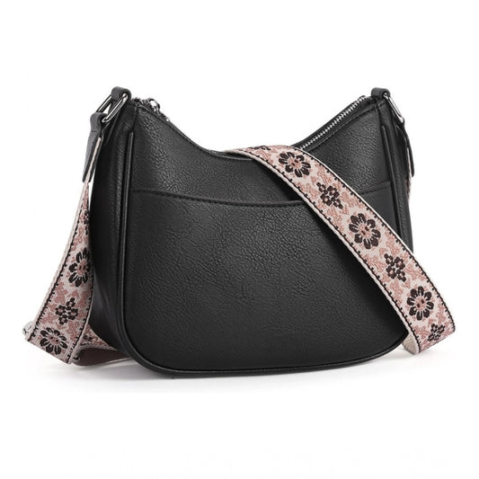 Women PU Leather Zipper Sling Bag (Black)