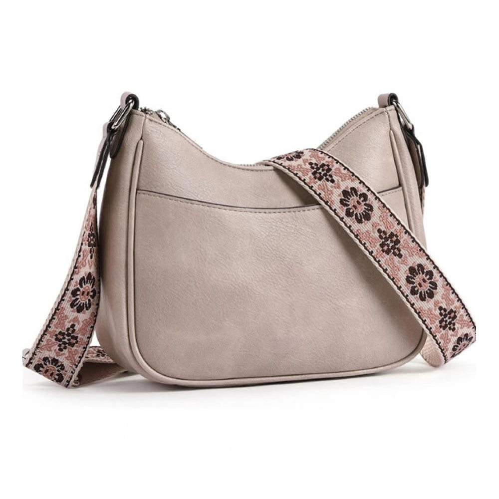 Women PU Leather Zipper Sling Bag (Beige)