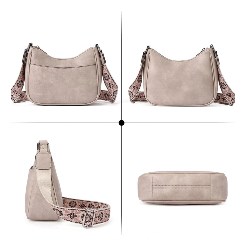 Women PU Leather Zipper Sling Bag (Beige)