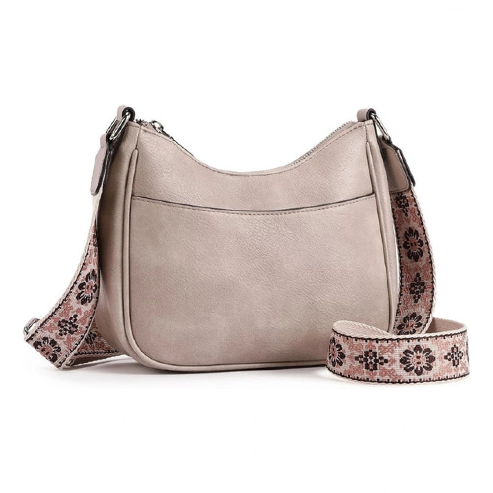 Women PU Leather Zipper Sling Bag (Beige)