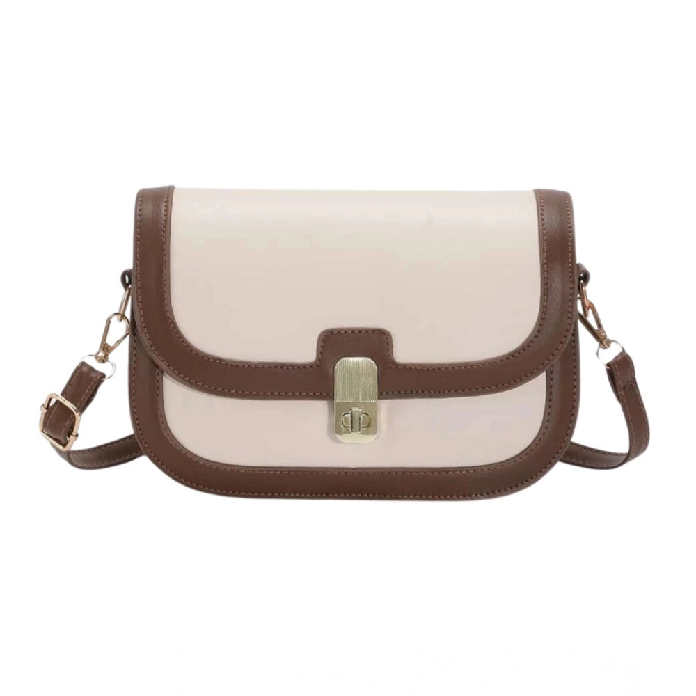 Women PU Leather Zipper Sling Bag (Beige)