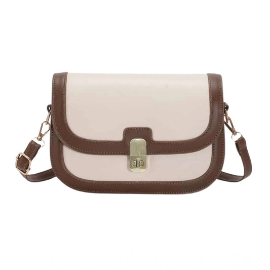 Women PU Leather Zipper Sling Bag (Beige)
