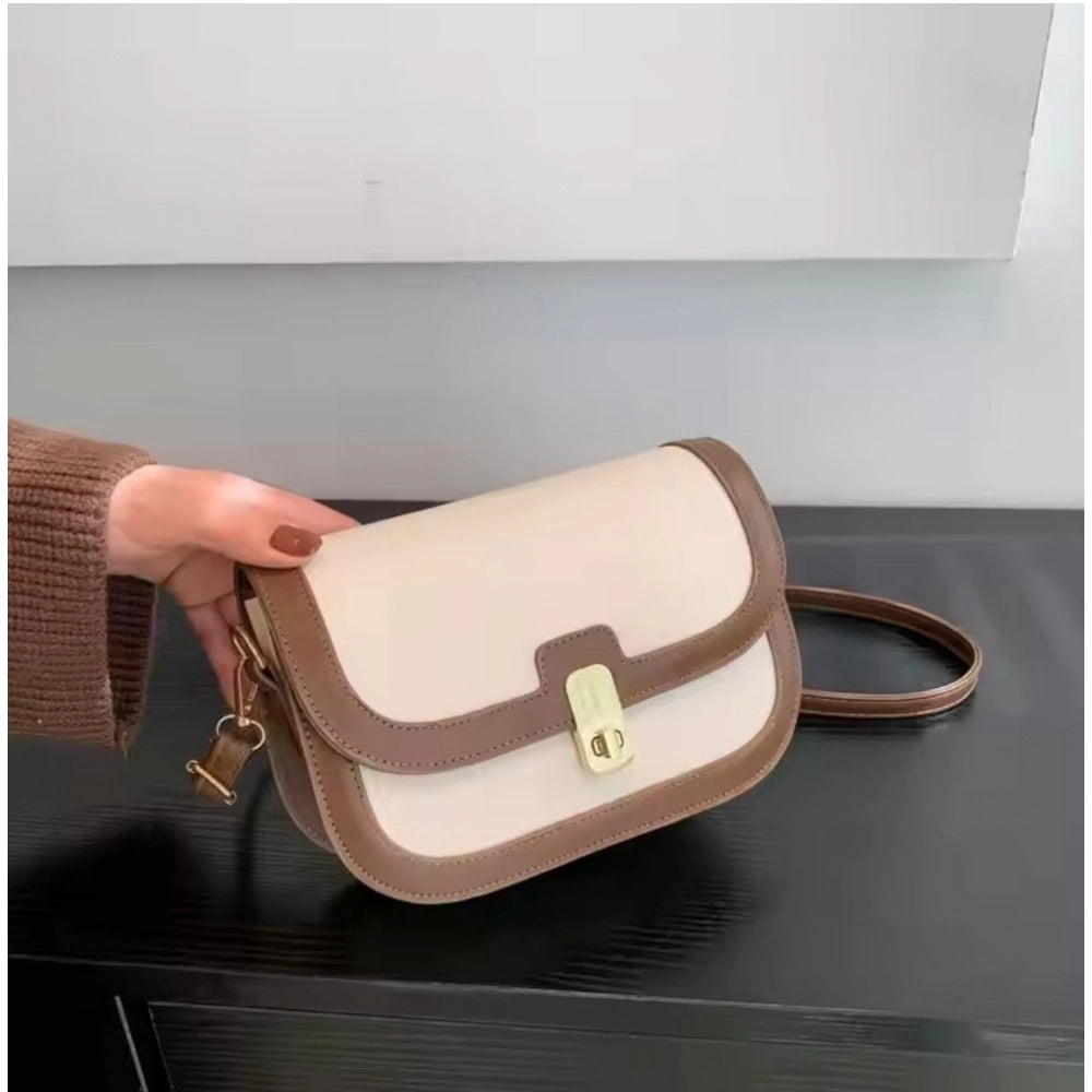 Women PU Leather Zipper Sling Bag (Beige)