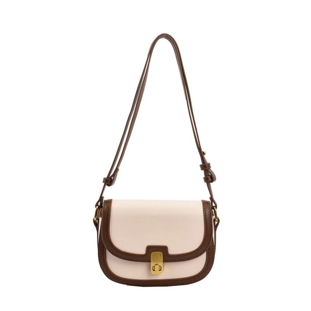 Women PU Leather Zipper Sling Bag (Beige)