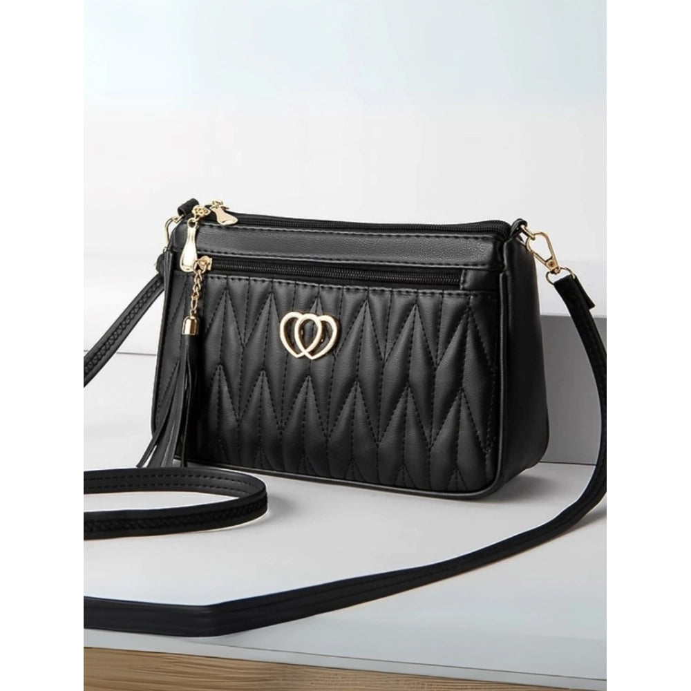 Women PU Leather Zipper Sling Bag (Black)