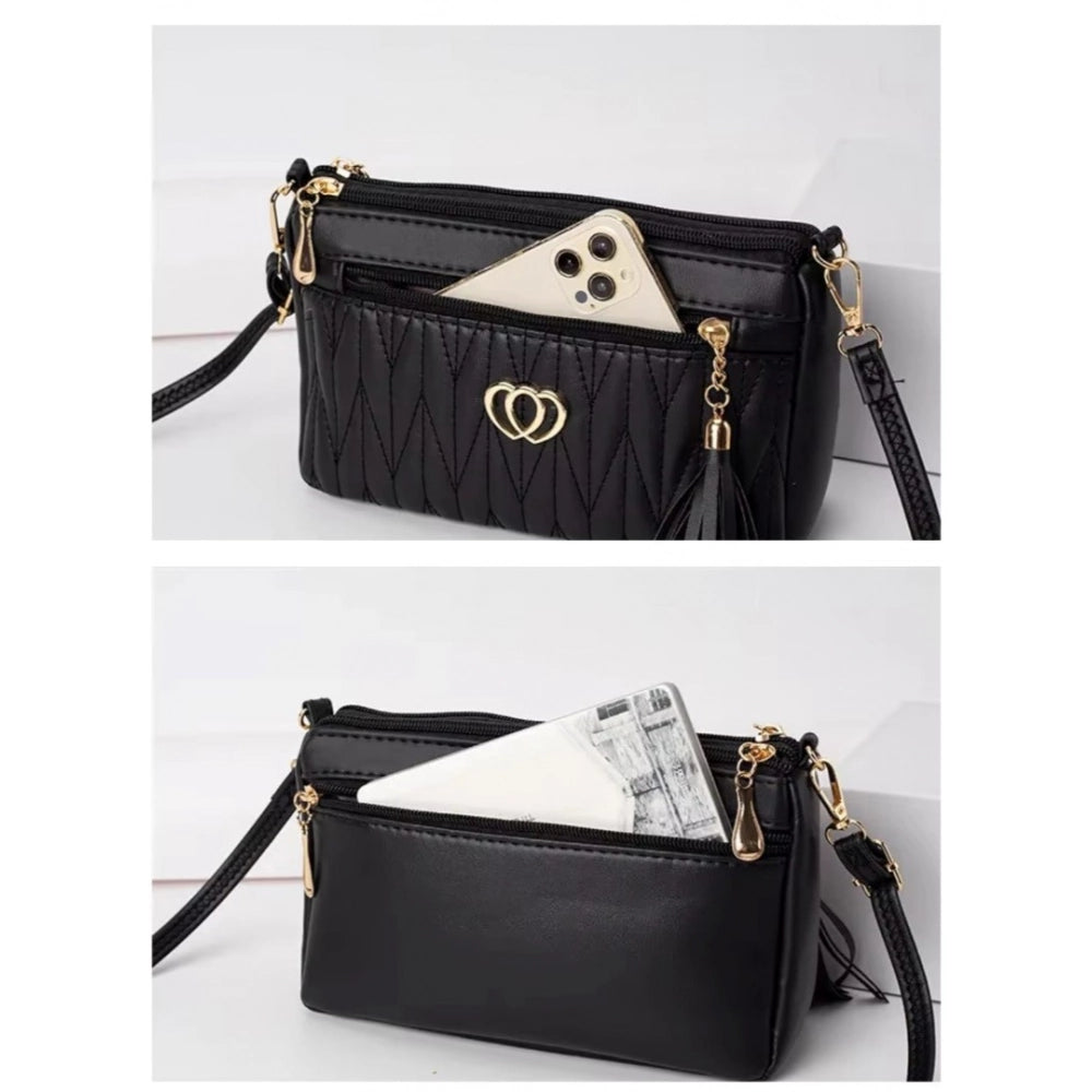 Women PU Leather Zipper Sling Bag (Black)