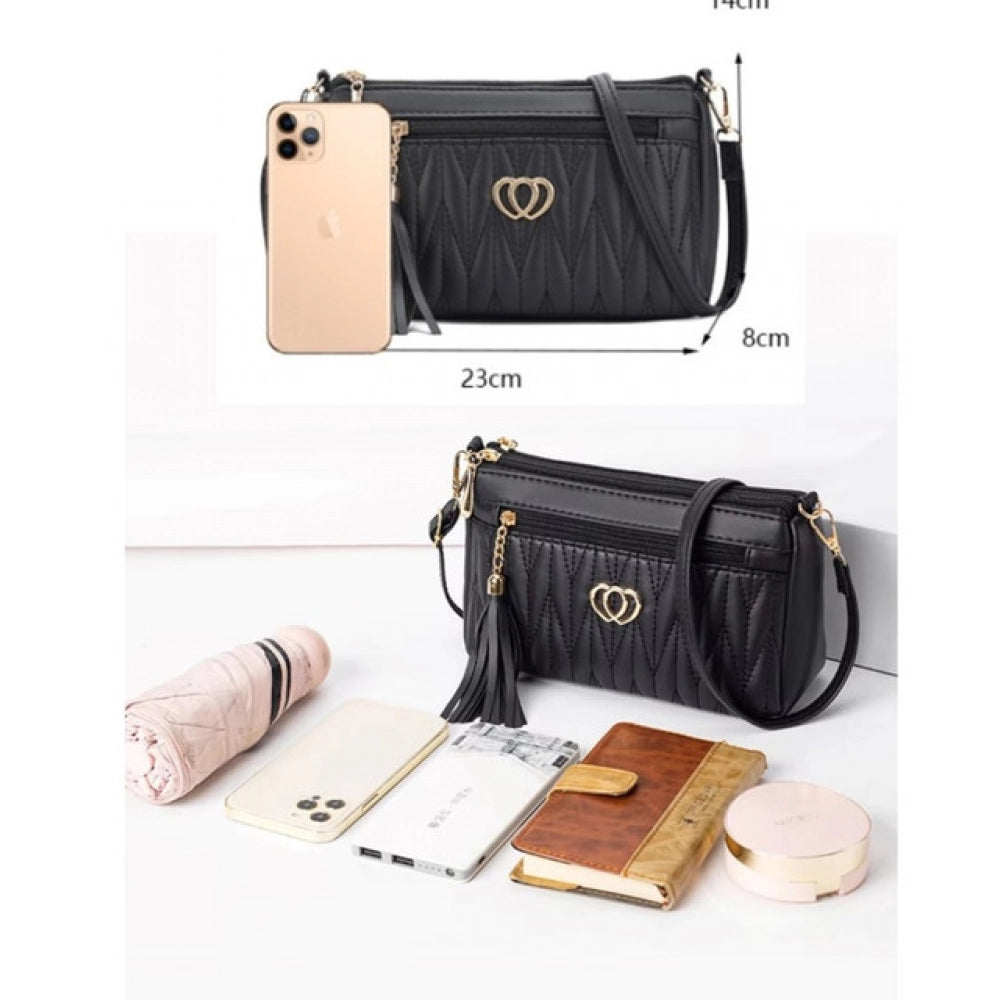 Women PU Leather Zipper Sling Bag (Black)