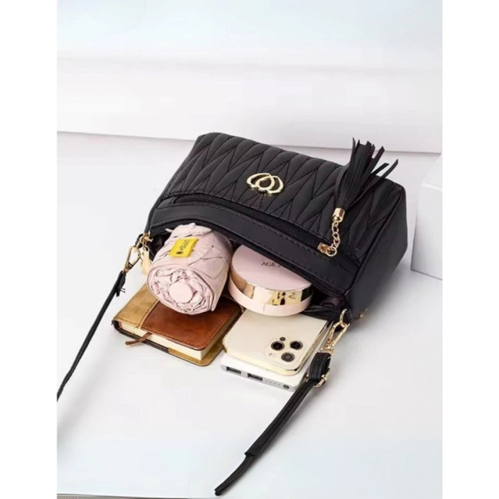 Women PU Leather Zipper Sling Bag (Black)