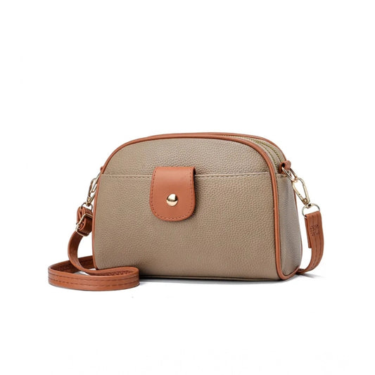 Women PU Leather Zipper Sling Bag (Khakhi)