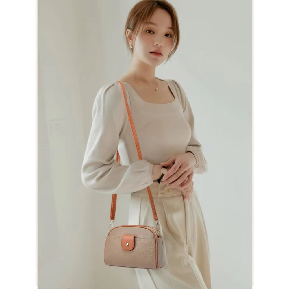 Women PU Leather Zipper Sling Bag (Khakhi)