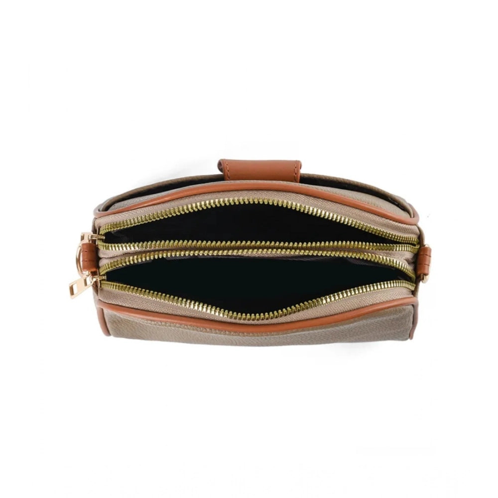 Women PU Leather Zipper Sling Bag (Khakhi)